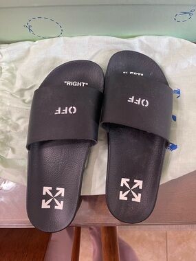 Off-White Black Slide Sandals with White Logo Text